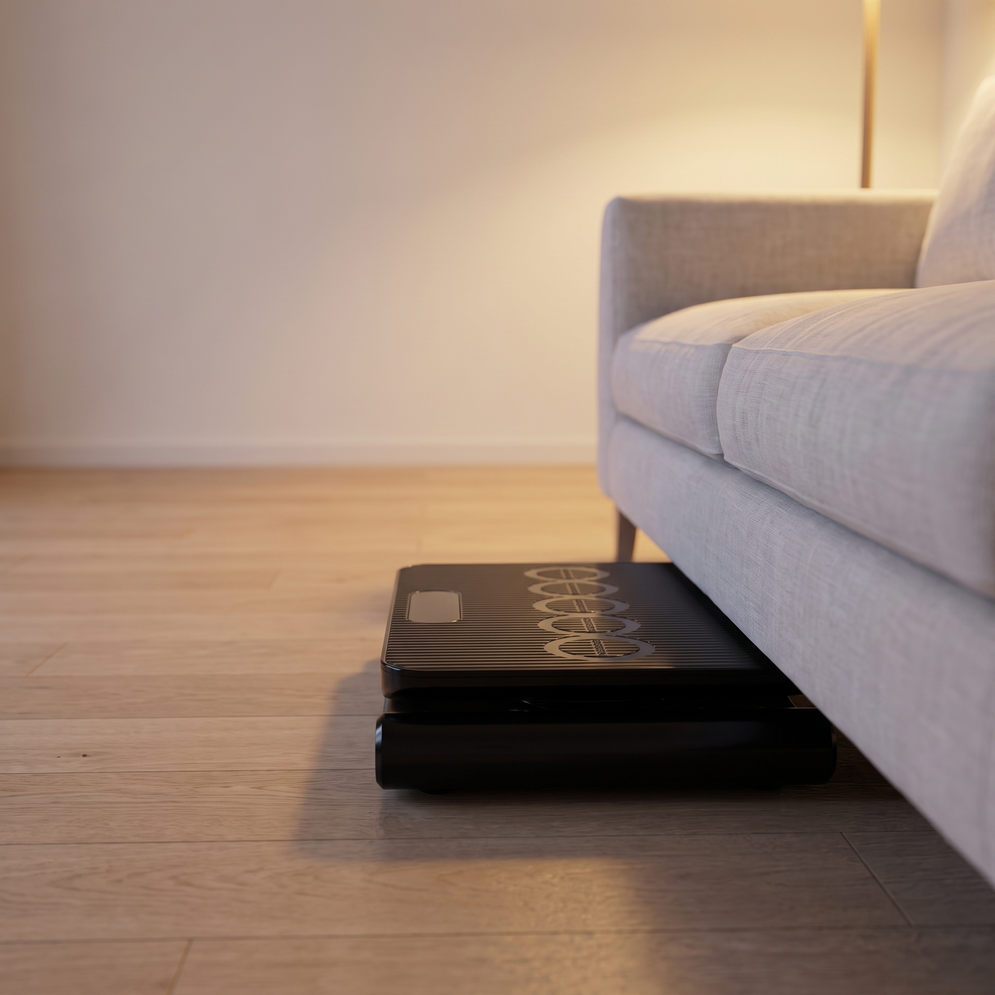 Vaebo Pro Plate sliding under a sofa for storage