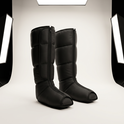 Vaebo Pro Boots air compression leg massager, studio view of the pair