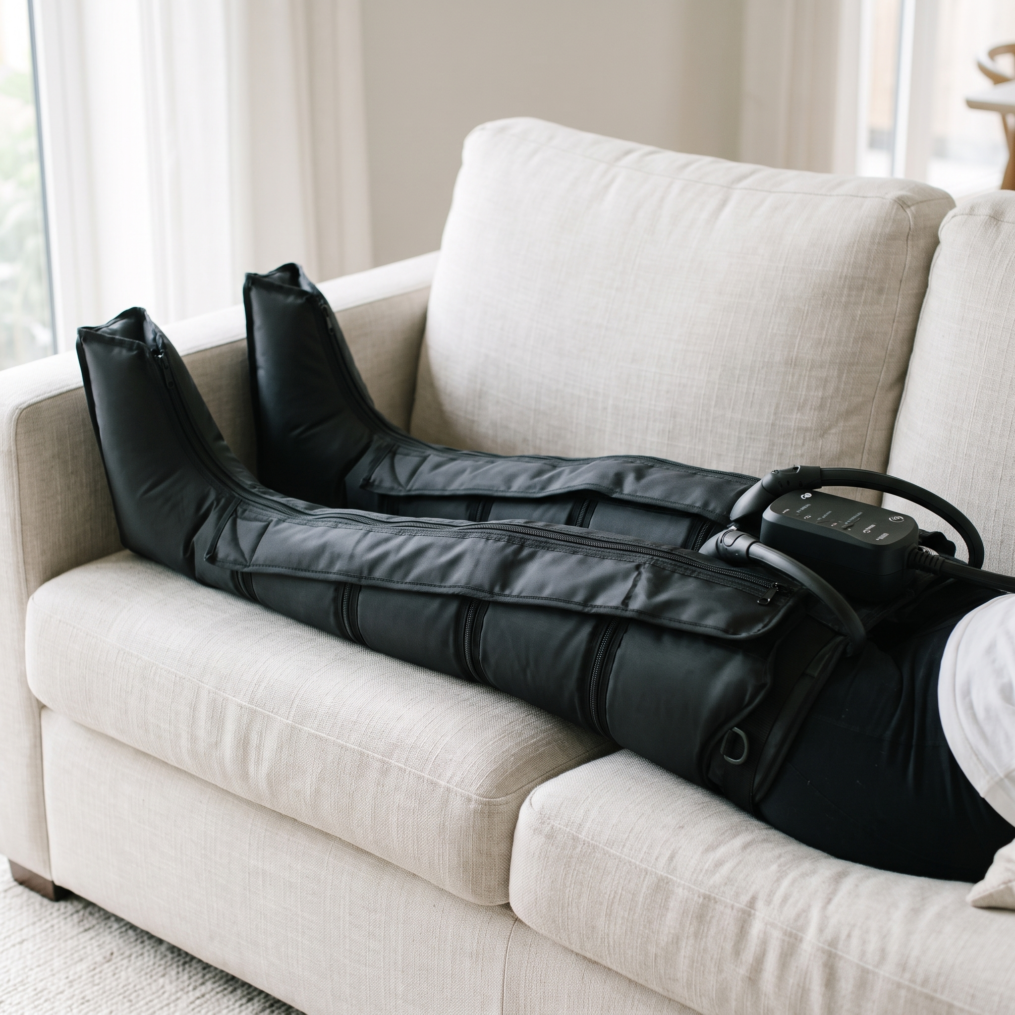 Wearing the Vaebo Pro Boots with legs stretched out on a sofa