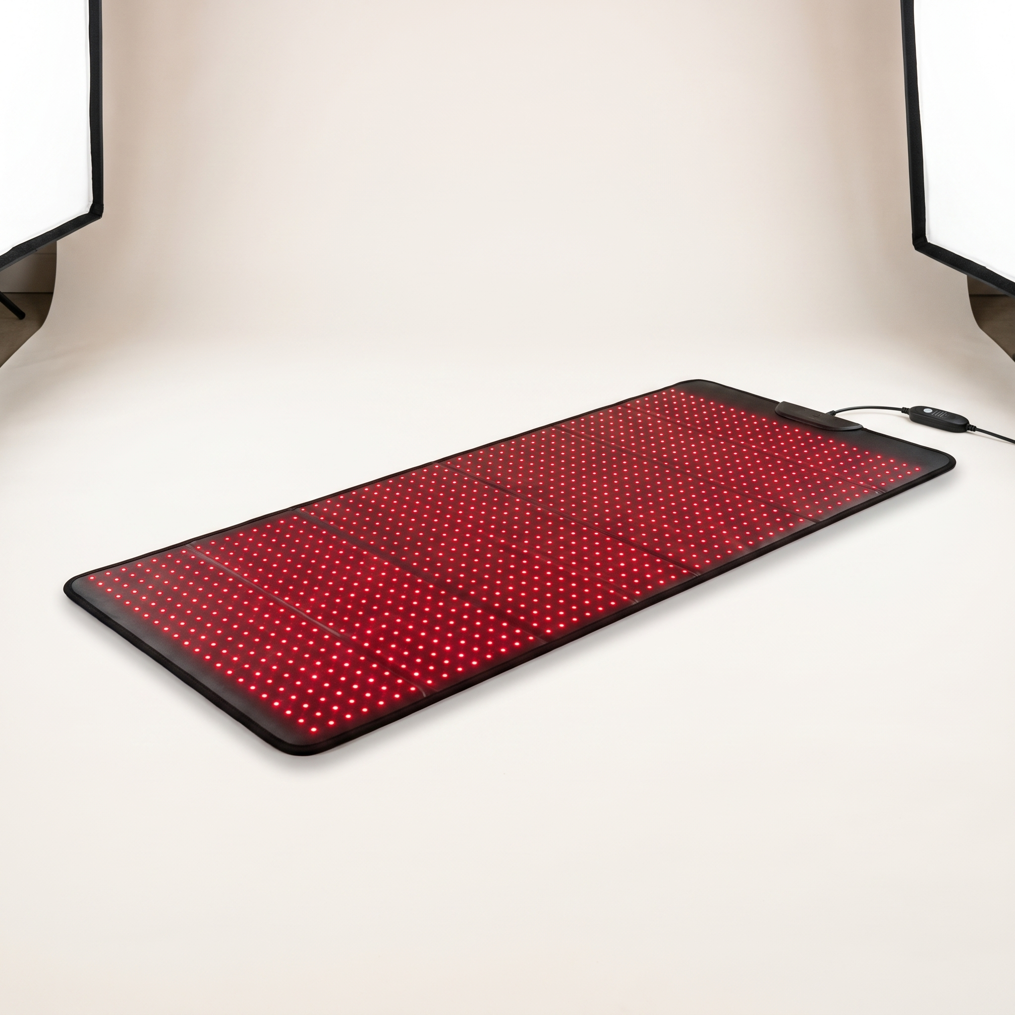 Vaebo Pro Mat red light therapy mat, studio view, switched on
