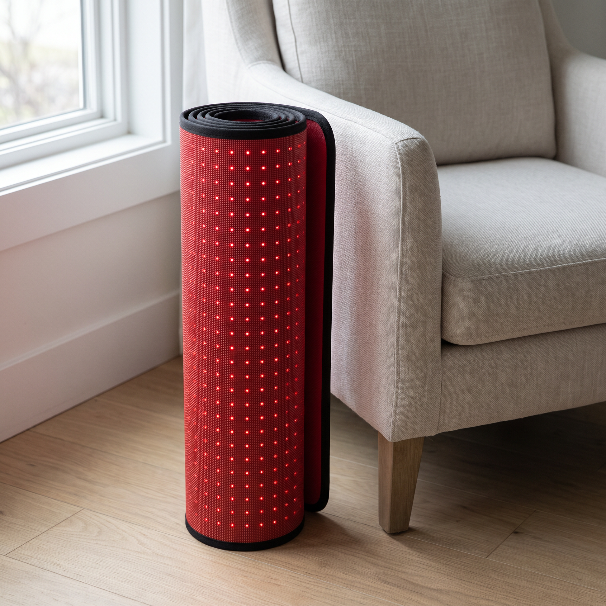 Vaebo Pro Mat rolled up for storage beside an armchair