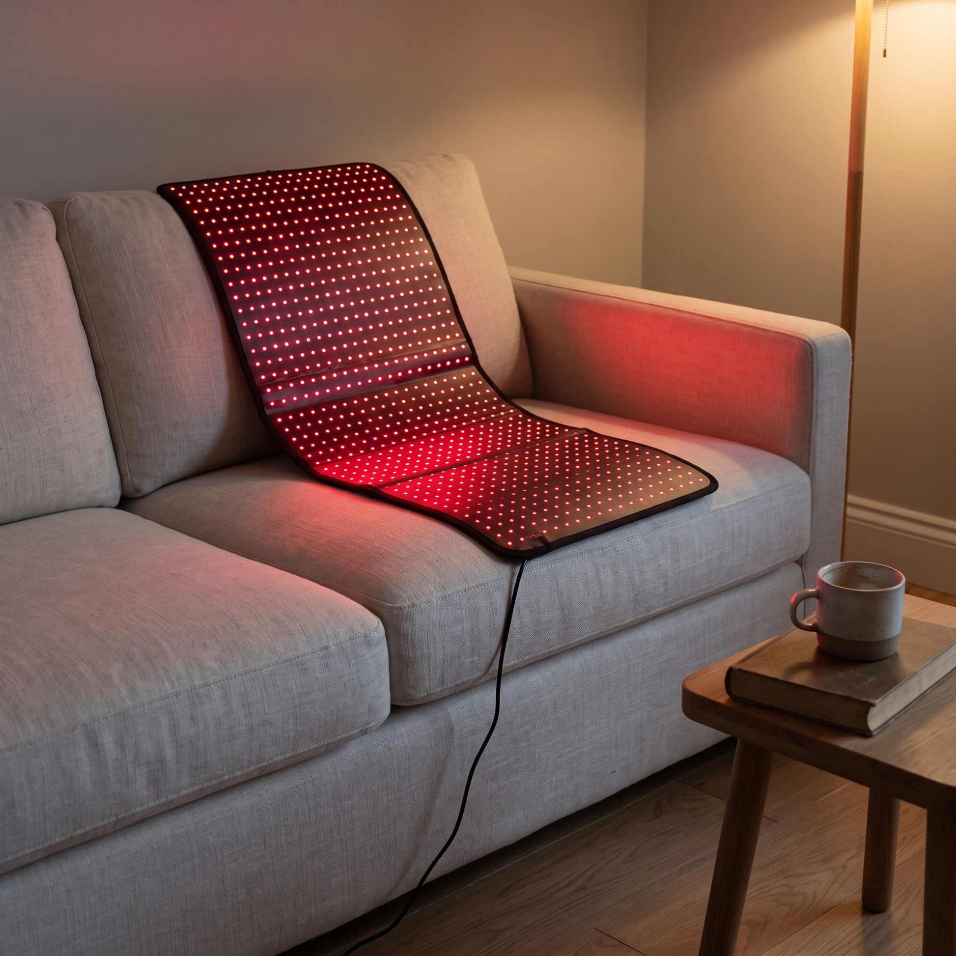 Vaebo Pro Mat draped over a sofa seat, switched on