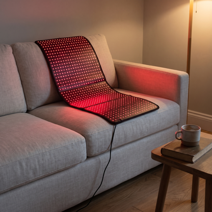Vaebo Pro Mat draped over a sofa seat, switched on
